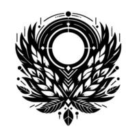 Geometric, symmetrical black and white of stylized leaves and circular elements forming an emblem on a white background. vector