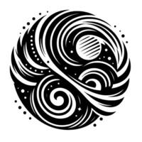 Abstract Black and White Swirling Celestial Mandala Spirals, Waves, Dots, Starbursts, and Lined Orb within a Circular Frame vector