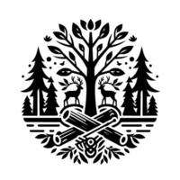 Black and white circular emblem of a serene forest scene with deer, trees, logs, and delicate nature details. vector