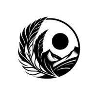 YinYang Abstract Symbolic black and white featuring mountains, sun, and featherlike elements, set within a circular frame against a clean background. vector