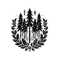 Black and white forest , minimalist with evergreen trees, enclosed by a floral wreath in a round composition, perfect for branding. vector