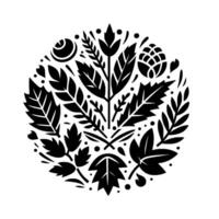 Intricate Monochrome Circular Arrangement of Botanical Elements, Featuring Leaves, Berries, and Seed Pods in a Decorative Pattern. vector