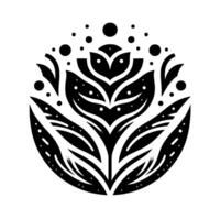 Intricate black and white floral with stylized petals and decorative dots arranged in a symmetrical, circular composition against a stark white background. vector