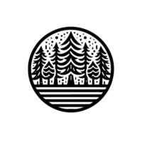 Minimalist Black and White Forest Scene in a Circle, Featuring Pines, Tiny Houses, and Snow. vector