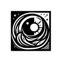 A stylized celestial , showcasing a black and white circular divided by the sun and moon elements, set against a starfilled sky and flowing waves, contained within a square frame. vector