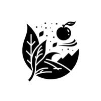 Stylized Black and White with Leaves, Apple, Mountains, and Floating Elements, Symbolizing Nature. vector