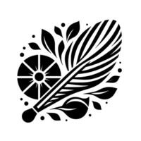 Monochrome Composition Stylized feather intersecting with a segmented circle, complemented by leaves and dots, conveying a sense of balance and nature. vector