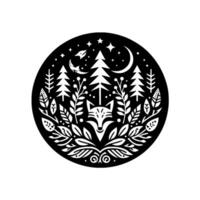 Black and white folk art illustration of a fox in a forest under a starry night sky within a circle. vector
