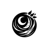 Stylized Black and White Circular Emblem Featuring Crescent Moon, Water Droplets, and Foliage Elements, Representing Serenity. vector