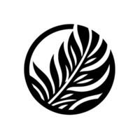 Black and White Botanical Illustration Stylized Leaf Enclosed Within a Circle, Minimalist . vector
