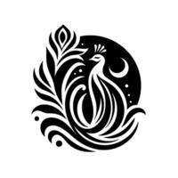 Elegant Monochrome Peacock with Stylized Feathers, Black Circle Backdrop and Moon Element. vector