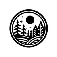 Monochromatic Circle Stylized Wilderness Scene, Pine Trees, Rolling Hills, Crescent Moon, Stars, Minimalist . vector