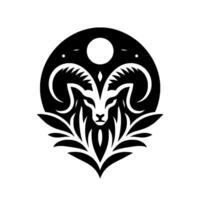 A Stylized Black and White Emblem of a Rams Head, Set Within a Circle with a Moon and Stars, Featuring Foliage Elements. vector