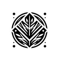 Geometric Black and White Emblem Central Leafy Pattern with Stylized Fish Motifs, Surrounded by Circle and Dots, Minimalist Aesthetic. vector