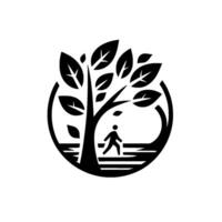 Symbolic black and white circular depicting a lone figure walking beneath a tree, framed within an organic shape. vector
