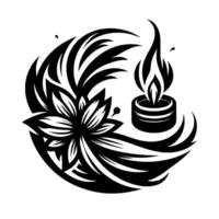 A stylized black and white illustration featuring a lotus flower intertwined with organic flowing lines, a burning candle adding a sense of serenity. vector