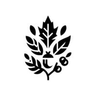 Black and White Stylized Botanical Illustration Featuring Leaves, Acorn, and Berries in a Symmetric Composition on White Background. vector