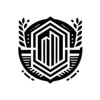 Intricate Black and White Emblem Geometric Cityscape, Laurel Branches, and Shield Shape, Modern and Minimalist . vector