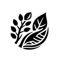 A minimalist, highcontrast with a black and white stylized depiction of a leaf arrangement and a sprig of leaves against a white background. vector