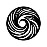 A symmetrical black and white stylized spiral with a circular composition, showcasing curved line elements and a central white void. vector
