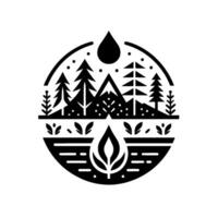 Monochromatic circular emblem depicting a stylized mountain landscape, with trees, water, and flora, and a drop. vector