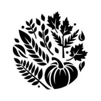 A stylized, circular black and white illustration of autumn elements pumpkin, leaves, branches, and droplets, creating a harmonious seasonal emblem. vector