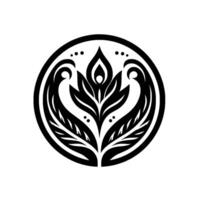 Elegant Black and White Floral Mandala Centered Within a Circular Frame on a White Background, Depicting Stylized Leaves and Petals. vector