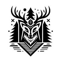 A stylized black and white illustration of a deers head with antlers, nestled within geometric fir trees, showcasing minimalist . vector