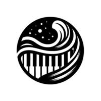 Abstract black and white circular a piano keyboard with waves and starry sky elements, symbolizing music and nature. vector