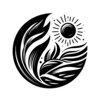 Black and White Circular Abstract depiction of sun, leaves, and waves within a circle, evoking nature and serenity. vector