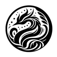 Abstract Black and White Circular Composition Depicting a Stylized Birdlike Figure with Swirling Lines, Dots, and Leaflike Elements. vector