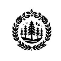 Minimalist Black and White Forest Emblem Evergreen Trees and Foliage within a Laurel Wreath, NatureInspired . vector