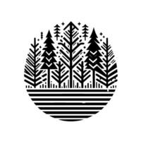 Abstract minimalist illustration of a stylized forest within a circular frame, featuring a black and white with trees, lines, and minimalist aesthetic. vector