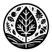 Artistic Emblem of Nature A stylized black and white illustration of a central leafshaped tree surrounded by various leaves, a sun, and stylized hills within a circular frame. vector