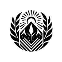 A symmetrical, minimalist black and white emblem depicting a geometric mountain range under a radiant sun, encircled by laurel branches, creating a bold, heraldic . vector