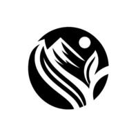 Abstract Black and White of Mountain, Sun, and Leaf Elements within a Circle, Reflecting Natures Harmony. vector