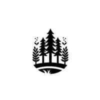 Minimalist Black and White Forest Emblem with Pine Trees, Foliage, Berries, and Nature Elements. vector