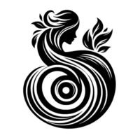 Elegant Silhouette A womans profile entwined with flowing hair and a spiral, adorned with leaves, creating a harmonious . vector