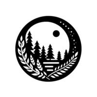 Monochromatic circular illustration depicting a stylized forest scene with trees, a moon, stars, water, and foliage, in a yinyang style. vector