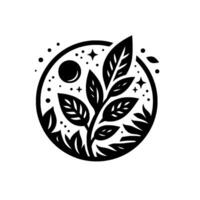 A stylized black and white illustration depicting a plant with leaves growing inside a circular frame, evoking a sense of serenity. It contains celestial elements, moon, stars, and dots. vector