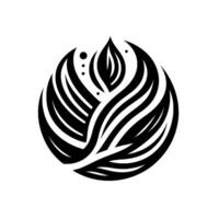 A symmetrical, minimalist black and white illustration of an abstract floral emblem, suggesting growth and harmony in a circular composition. vector