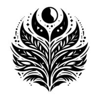 Black and white ornamental of a stylized floral emblem, complete with a crescent moon, stars, and intricate leaf patterns. vector