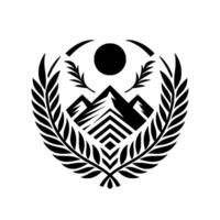 Black and White Emblem Mountain peaks, sun, olive branches, and geometric patterns inside a circular crest. vector