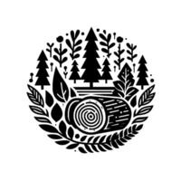 Black and White Circular Illustration of a Forest Scene with Log, Trees, and Foliage, Symbolic of Nature and Forestry. vector