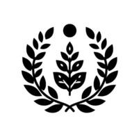 Black and white minimalist emblem featuring a central stylized plant with leaves, encircled by a laurel wreath and topped by a single circle. vector