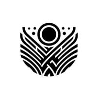 Abstract minimalist featuring symmetrical black and white geometric shapes, including a central circle with radiating lines. vector