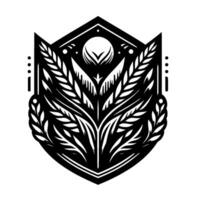 Black and white geometric emblem featuring stylized wheat, leaves, and a central moonlike element within a shield shape. vector