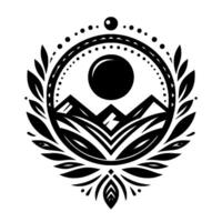 Intricate black and white nature mandala emblem featuring a sun, mountains, and foliage within a dotted circular frame. vector