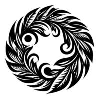 A symmetrical black and white circular floral , with a mix of leaves, swirls, and eyelike motifs, on a clean white backdrop. vector
