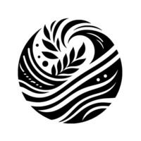 Black and white circular emblem featuring a stylized leaf branch amid wavy patterns, creating a harmonious abstract . vector